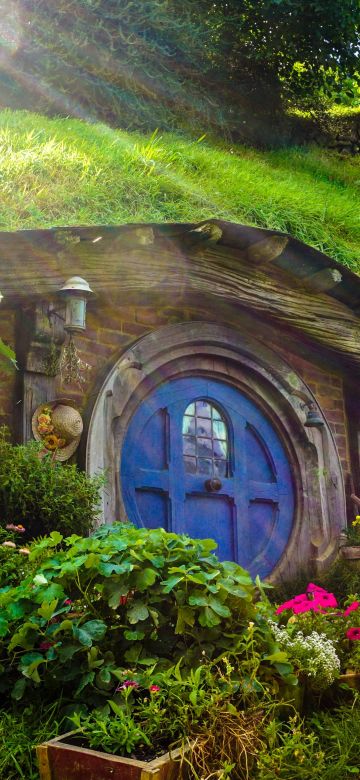 Hobbiton Movie Set, New Zealand, The Lord of the Rings, Hobbit film, Green House, Beautiful, Sun rays, Greenery, 5K