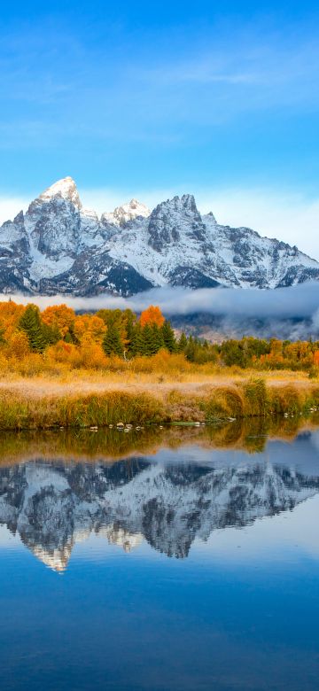 Grand Teton National Park, Aesthetic, Mountains, Teton mountain range, Autumn, Lake, Reflection, Blue Sky, Landscape, Scenery