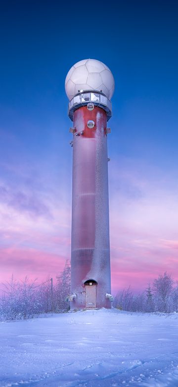 Radar Tower, Winter, Snow covered, Purple sky, Sunrise, Frost, Dawn, 5K