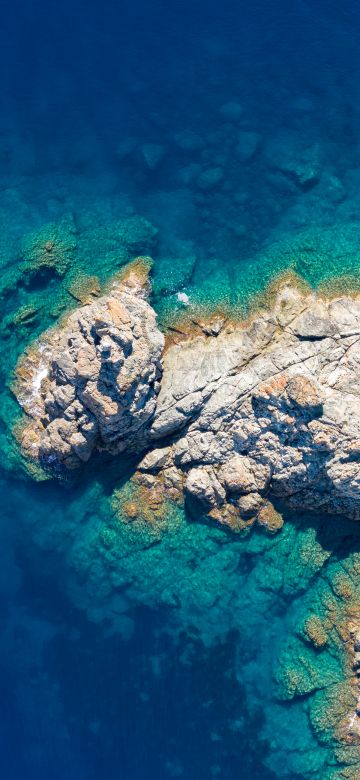 Rocky coast, Seashore, Blue Ocean, Aerial view, 5K