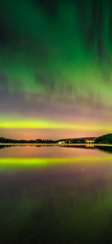 Aurora Borealis, Northern Lights, Finland, Green Sky, Natural Phenomena, Lake, Reflection, Landscape, Dusk, 5K, 8K