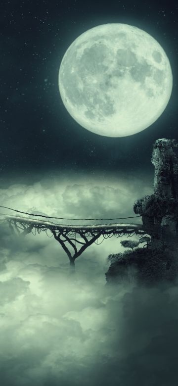 Full moon, Dark Sky, Clouds, Bridge, Starry sky, Surreal, Cliffs, Mystic, Illustration, 5K