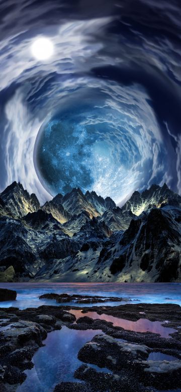 Surreal, Moon, Mountains, Landscape, Portal, Clouds