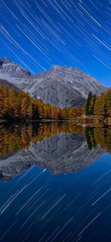 Lai da Palpuogna, Switzerland, Mirror Lake, Star Trails, Autumn trees, Albula Pass, Landscape, Long exposure, Night sky, Reflection, Mountain View