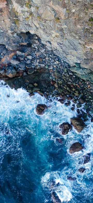 Rocky coast, Big Sur, Aerial view, Beach, Blue waves, Long exposure, 5K