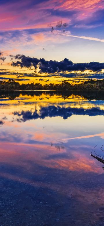 Mirror Lake, Sunset, Reflection, Dusk, Clouds, Scenery, Pleasant, Trees, Body of Water, Evening sky, 5K