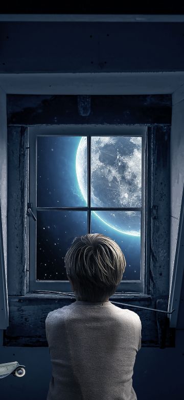 Look through the Window, Full moon, Attic, Roof, Boy, Teddy bear, Toy Horse, Memories, Childhood, 5K