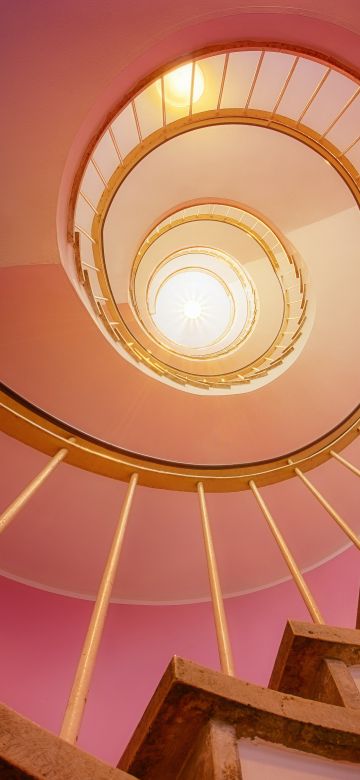 Spiral stairs, Pink, Staircase, Ambient lighting, 5K