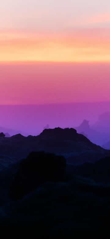 Silhouette Mountain, Mountain range, Sunrise, Dawn, Purple sky, Landscape, Scenery, 5K