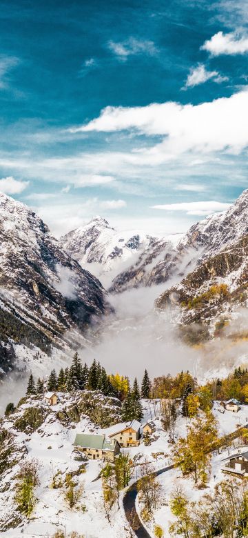 Saint Christophe en Oisans, France, Glacier mountains, Snow covered, Valley, Foggy, Landscape, Scenery, 5K