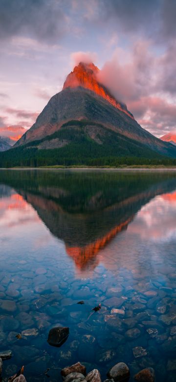 Swiftcurrent Lake, Sunrise, Reflection, Cloudy, Early Morning, American National Park, Montana, United States, USA, 5K