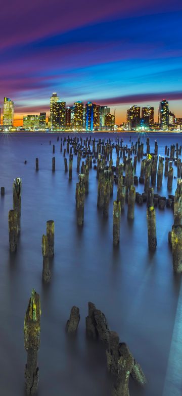 New York City, Metropolitan, Skyline, Cityscape, Night, City lights, Long exposure, Pier, 5K