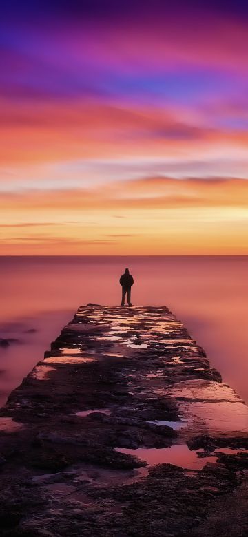 Seascape, Pier, Person Silhouette, Sunset, Horizon, Cloudy Sky, Long exposure, Landscape, Scenery, Vibrant