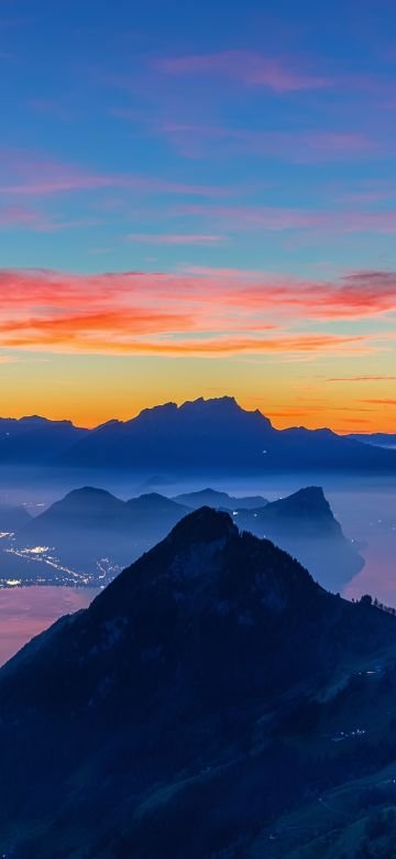 Rigi Hochflue, Afterglow, Golden hour, Switzerland, Fog, Mountain range, Dusk, Landscape, Scenery, 5K