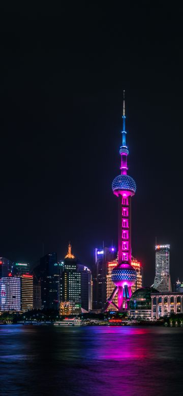 Shanghai City, Skyline, Night time, Cityscape, City lights, Body of Water, Reflection, Dark Sky, Skyscrapers, 5K