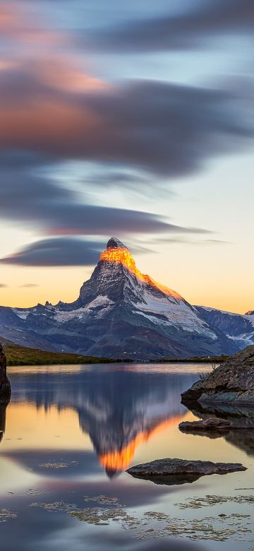 Matterhorn, Lake, Switzerland, Stellisee, Sunrise, Alpenglow, Reflection, Landscape, Scenery, Rocks, Lenticular clouds, Golden hour, 5K