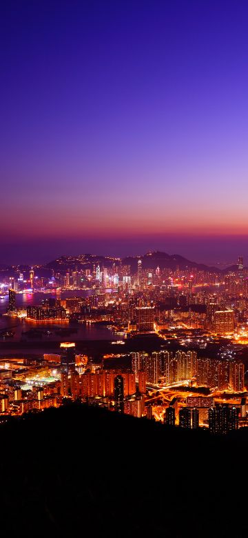 Hong Kong City, Night time, Aesthetic, Skyline, Sunset, Cityscape, Aerial view, City lights, Dusk, Horizon, Clear sky, Skyscrapers, 5K