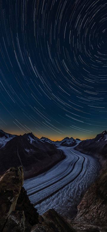 Aletsch Glacier, Star Trails, Night time, Switzerland, Long exposure, Glacier mountains, Landscape, 5K