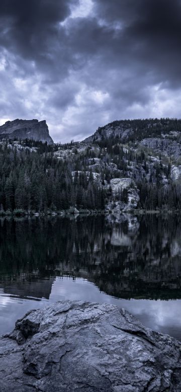 Bear Lake, Rocky Mountain National Park, Mountain View, Cloudy Sky, Reflection, Body of Water, Landscape, Scenery, 5K