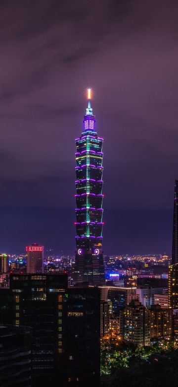 Taipei 101, City Skyline, Skyscraper, Cityscape, Night time, City lights, 5K