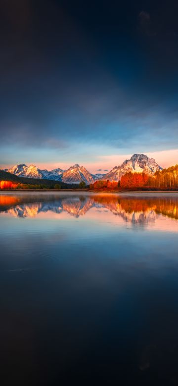 Mount Moran, Grand Teton National Park, Wyoming, Sunrise, Reflection, Mountain Peak, Body of Water, Alpenglow, Landscape, Scenery, 5K, 8K