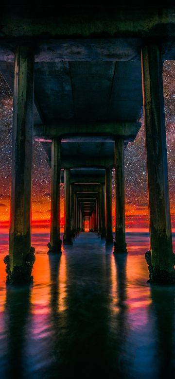 Scripps Pier, La Jolla, United States, Milky Way, Starry sky, Underneath, Body of Water, Reflection, Tourist attraction, Landscape, Scenic, 5K, 8K