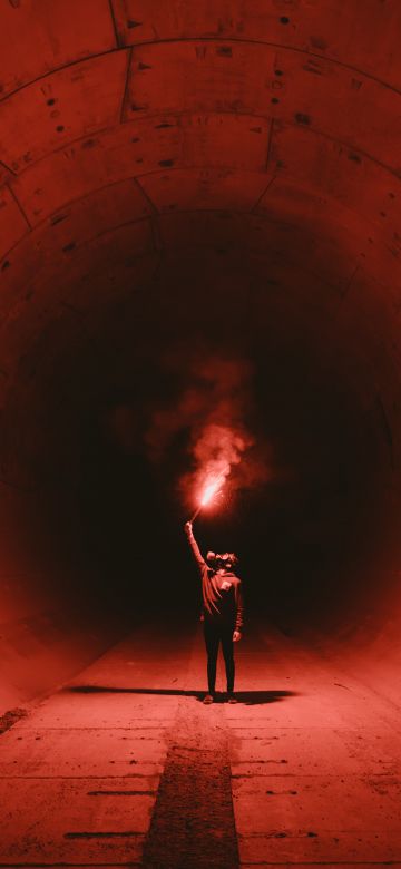 Red Flare Smoke, Tunnel, Man in Mask, Underground, Fireworks, 5K, Dark red