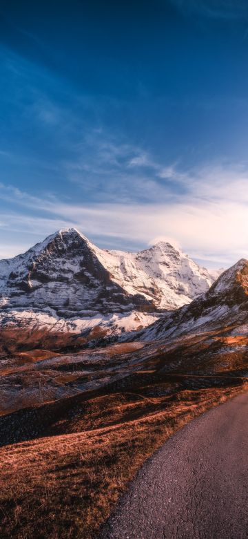 Glacier mountains, Snow covered, Sunset, Roadway, Mountain Peaks, Clear sky, Landscape, Scenery, 5K