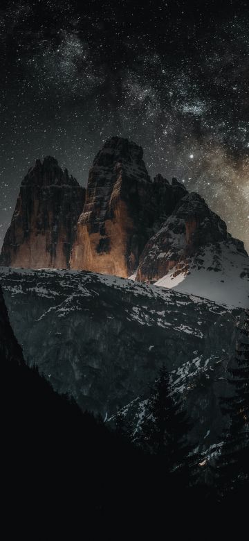 Three peaks of Lavaredo, Dolomites, Italy, Tourist attraction, Milky Way, Starry sky, Mountain Peaks, Snow covered, Night time, Outer space, 5K