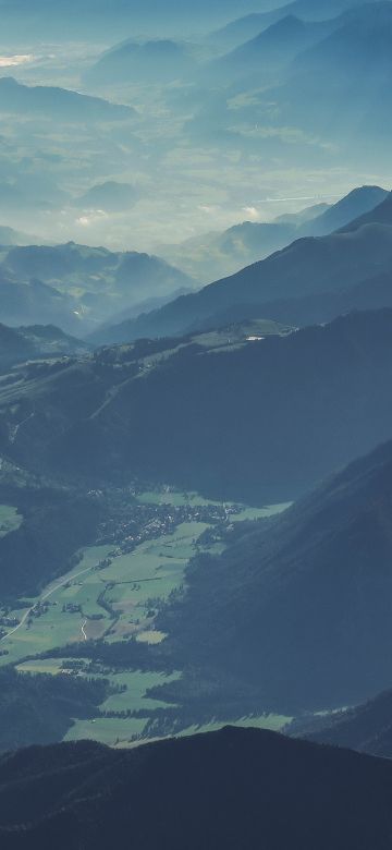 Brandenberg Alps, Austria, Mountain range, Aerial view, Mist, Valley, Landscape, 5K