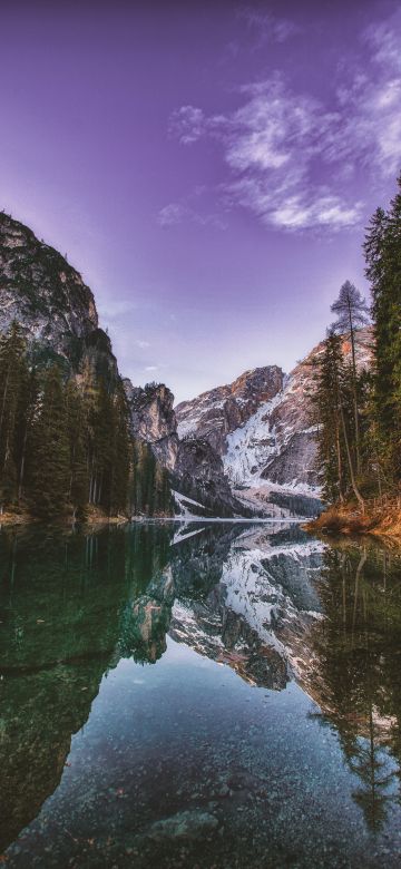 Lakeside, Mountain View, Snow covered, Purple sky, Reflection, Tall Trees, Landscape, Scenery, 5K