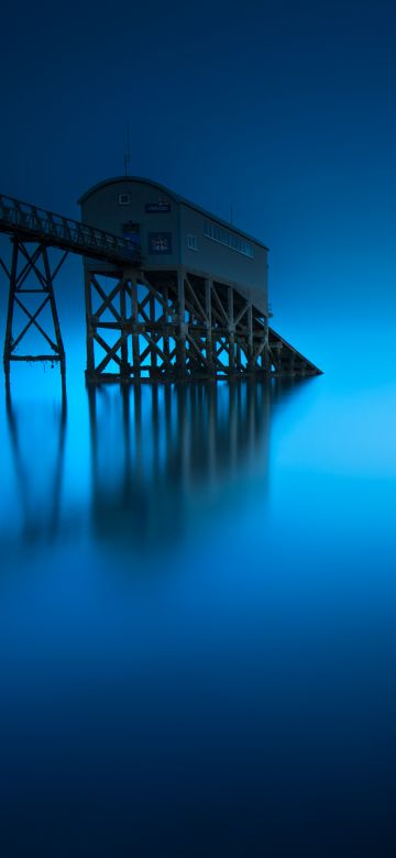 Selsey Lifeboat Station, England, Seascape, Blue background, Moonlight, Pier, Long exposure, Reflection, 5K