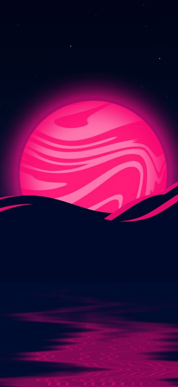 Pink Moon, Mountains, Illustration, Body of Water, Stars, Night, Dark background, 5K, Dark aesthetic