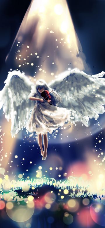 Girl playing Violin, Moon, Surreal, Bokeh, Digital illustration, Angel wings