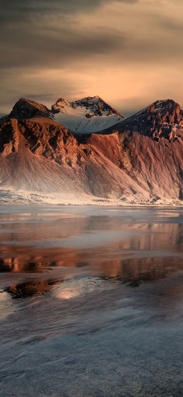 Vestrahorn, Sunrise, Snow covered, Mist, Iceland, Frozen, Winter, Mountain range, Landscape, Scenery, 5K, Stokksnes