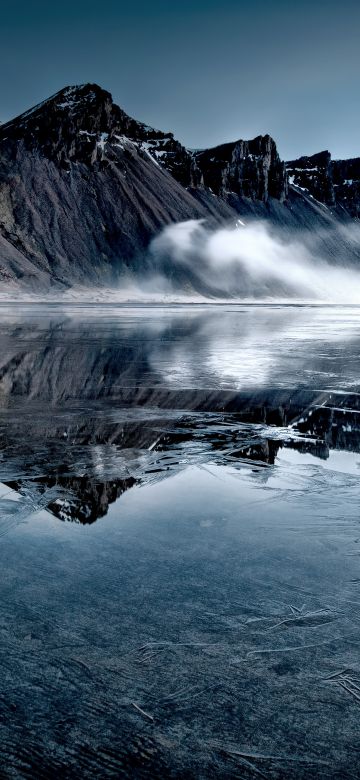 Vestrahorn, Iceland, Frozen lake, Mountain Peak, Mist, Winter, Reflection, Landscape, Scenery, 5K, Stokksnes