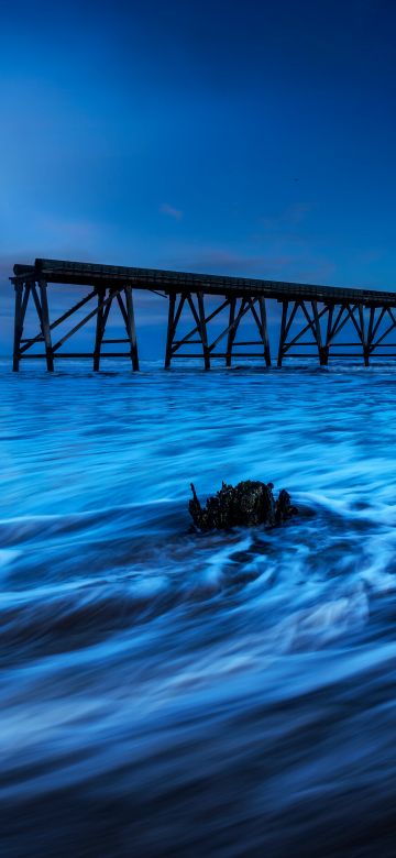 Wooden pier, Moonlight, Seascape, Long exposure, Scenic, Dusk, Night time, 5K