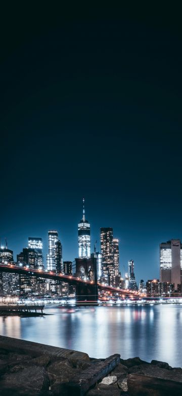 Brooklyn Bridge, City lights, Night, Cityscape, Reflections, Brooklyn, New York, USA