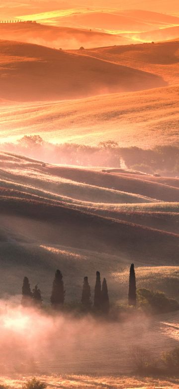 Tuscany, Italy, Countryside, Sunrise, Foggy, Dawn, Landscape, Aerial view, Meadow, 5K