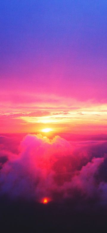 Sunset, Dusk, Cloudy Sky, Pink sky, Aerial view, Scenery, 5K