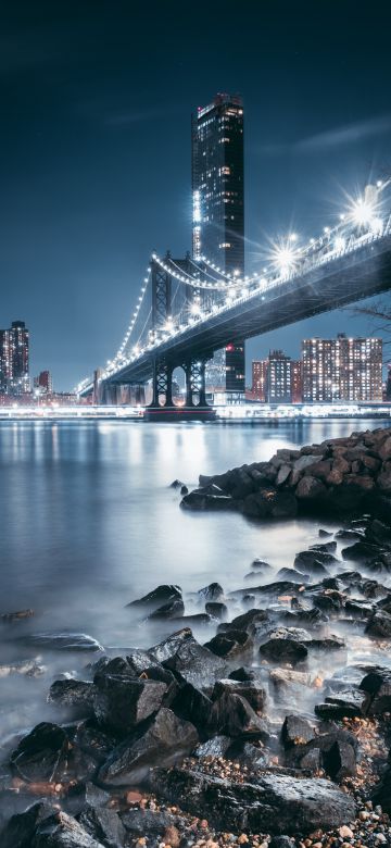 George Washington Bridge, Night, City lights, Rocks, Hudson River, New Jersey, USA