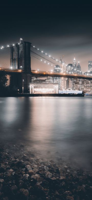 Brooklyn Bridge, Night, City lights, Cityscape, Reflections, Hudson River, Brooklyn, New York, USA