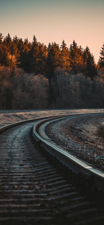 Railway track, Trees, Golden hour, Dusk, Curve, Outdoor, 5K