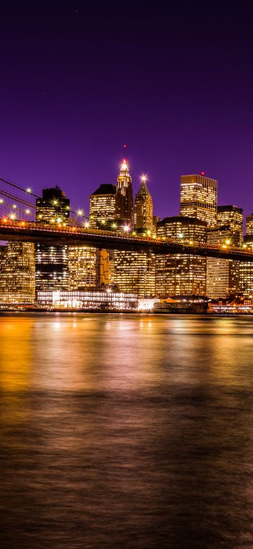 Brooklyn Bridge, Night time, New York City, Skyline, Cityscape, City lights, Waterfront, Reflection, Skyscrapers, Purple sky, Sunset, Long exposure, 5K