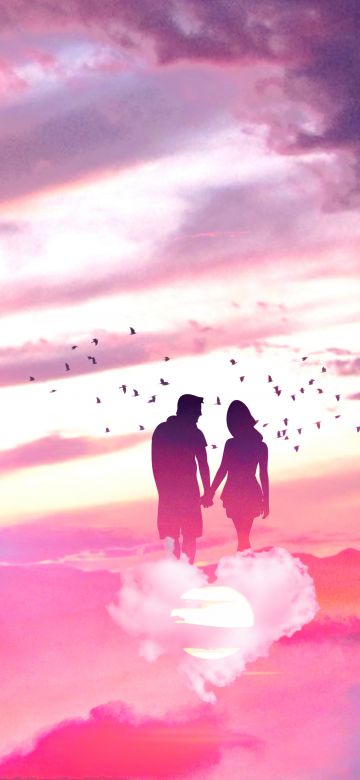 Couple, Surreal, Lovers, Above clouds, Dream, Romantic, Together, Pink, 5K