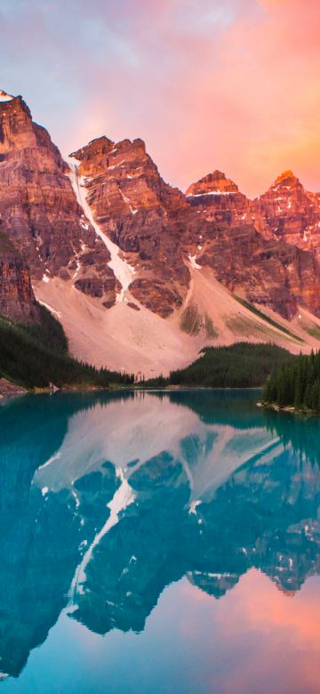 Moraine Lake, Sunset, Rocky Mountains, Banff National Park, Landscape, Reflection, Scenery, Alberta, Canada, Evening sky, 5K