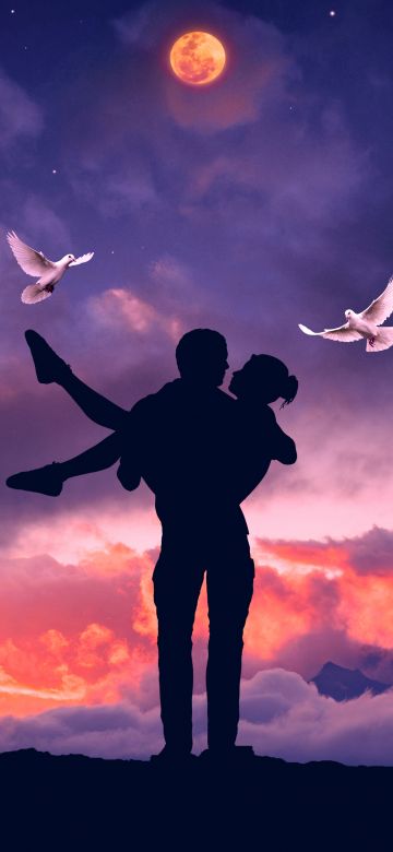 Couple, White Pigeons, Silhouette, Romantic, Surreal, Sunset, Moon, Love Birds, Lifting