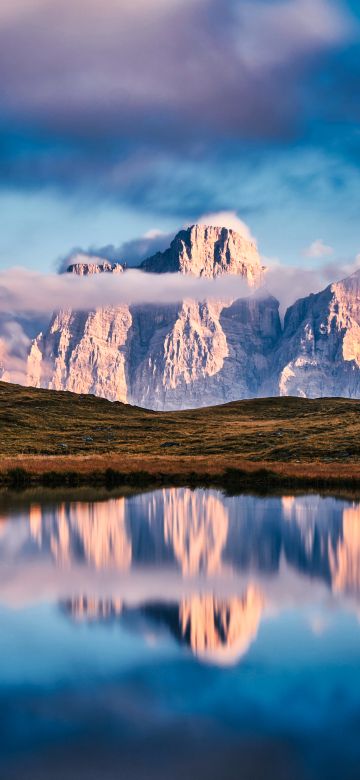 Lago delle Baste, Lake, Mountains, Landscape, Reflection, Italy, Clouds, Panorama, 5K