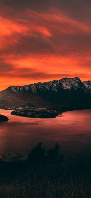 Queenstown, Landscape, New Zealand, Mountain range, Snow covered, Early Morning, Orange sky, Sunrise, Body of Water, Scenery, 5K