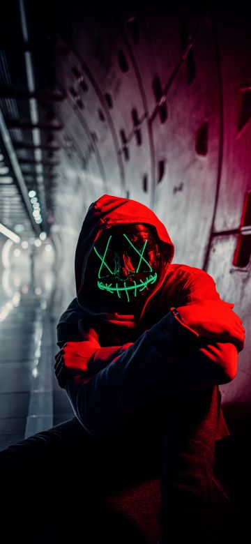 Neon Mask, Red Hoodie, Tunnel, Portrait, Face Mask, Anonymous, 5K